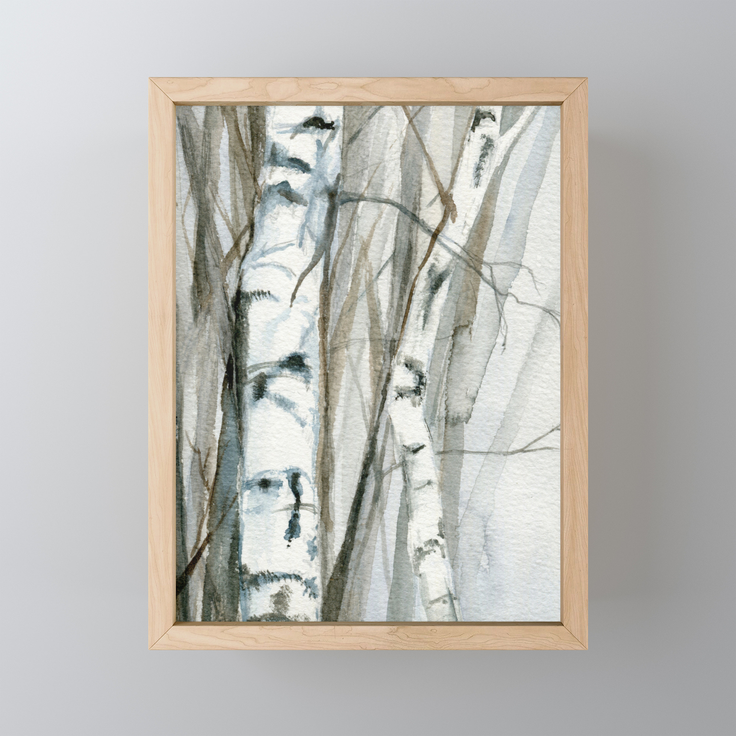 Winter Birch Trees Woodland Watercolor Original Art Print Framed