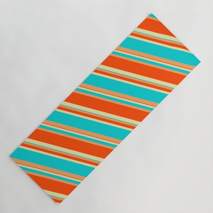 Pale Goldenrod, Dark Turquoise, Brown, and Red Colored Lines/Stripes Pattern Yoga Mat
