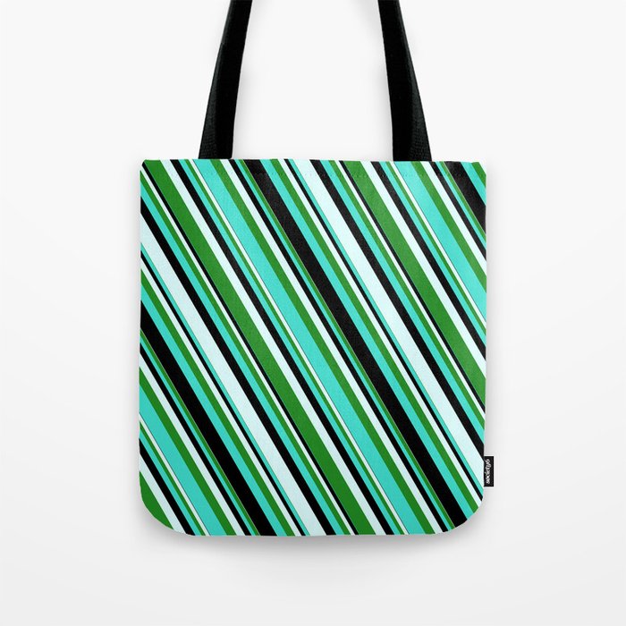 Turquoise, Black, Light Cyan, and Forest Green Colored Stripes Pattern Tote Bag