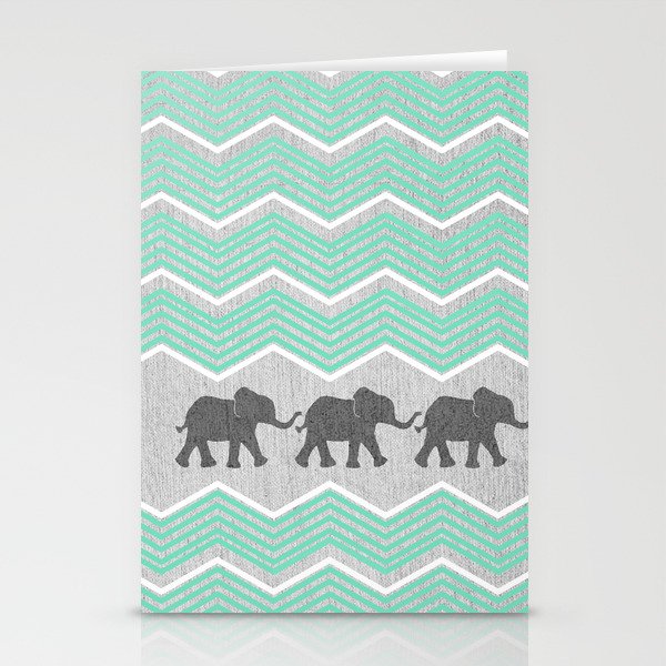 Three Elephants - Teal and White Chevron on Grey Stationery Cards