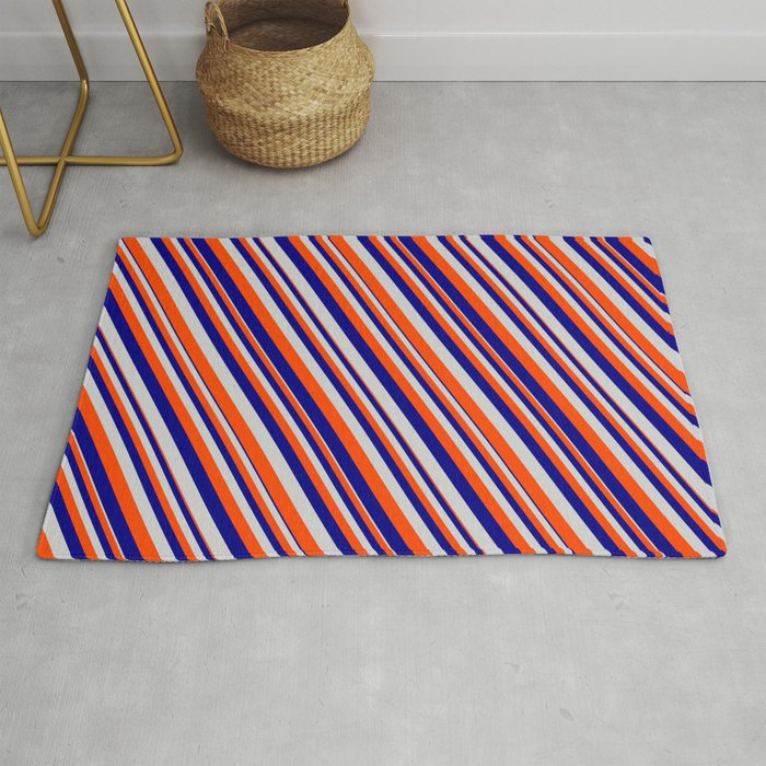 Blue, Light Gray & Red Colored Lined Pattern Rug
