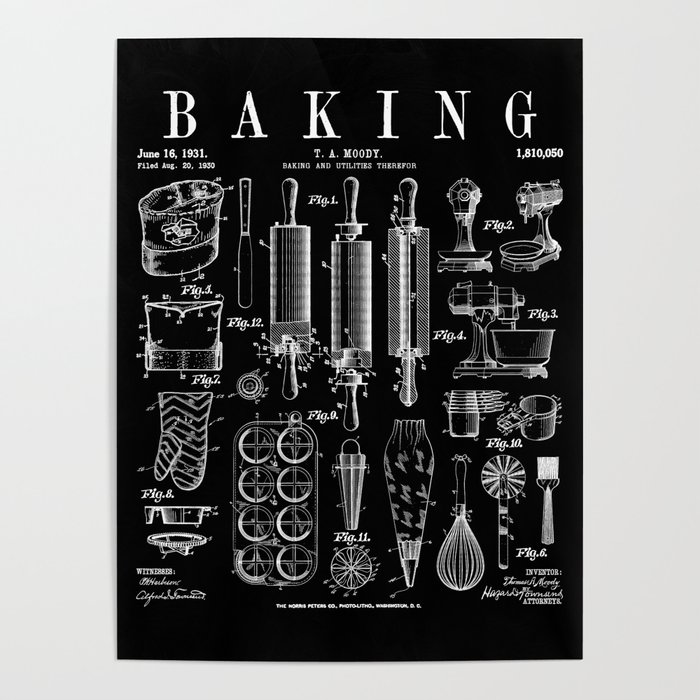 Baking Cooking Baker Pastry Chef Kitchen Vintage Patent Poster