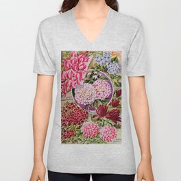 Vintage Flowers Burgundy Pink Blue V Neck T Shirt
