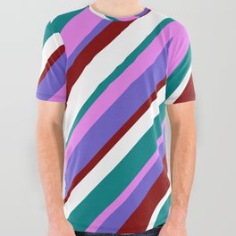 [ Thumbnail: Vibrant Teal, Violet, Slate Blue, Maroon & White Colored Pattern of Stripes All Over Graphic Tee ]