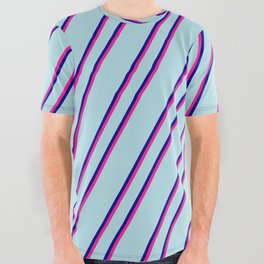[ Thumbnail: Powder Blue, Dark Blue, and Deep Pink Colored Stripes/Lines Pattern All Over Graphic Tee ]