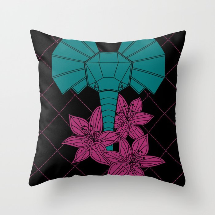 Elephant + Lilly Flowers Throw Pillow