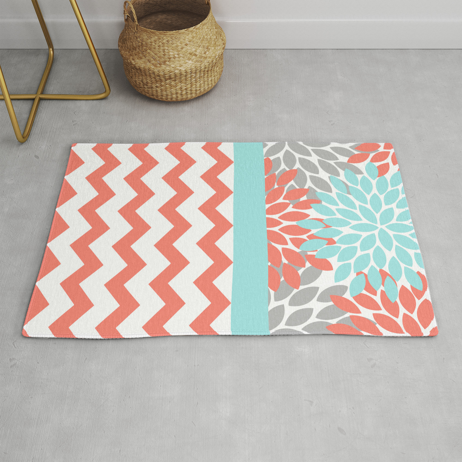 Floral Chevron Pattern Flower Burst Petals Aqua Coral Gray Rug By