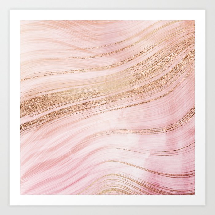 Blush Pink And Gold Mermaid Marble Waves Art Print