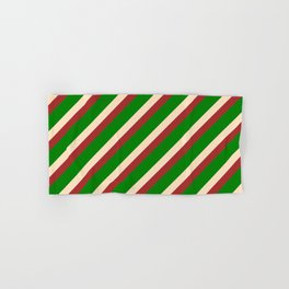 [ Thumbnail: Brown, Green & Bisque Colored Stripes Pattern Hand & Bath Towel ]