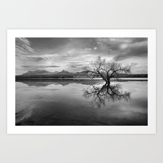 "Magic tree" BW. Sunset at the lake Art Print