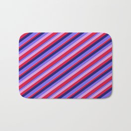 [ Thumbnail: Midnight Blue, Medium Slate Blue, Plum & Crimson Colored Stripes/Lines Pattern Bath Mat ]