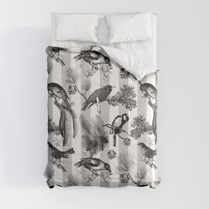 Vintage Style Winter Birds Pattern Monochrome Colors Comforter