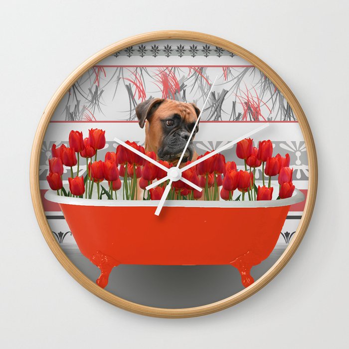 Boxer dog in red Bathtub with Tulips #society6 Wall Clock
