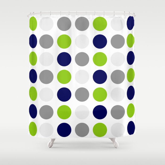 Lime Green, Bright Navy Blue, and Gray Multi Dots Minimalist Pattern on White Shower Curtain
