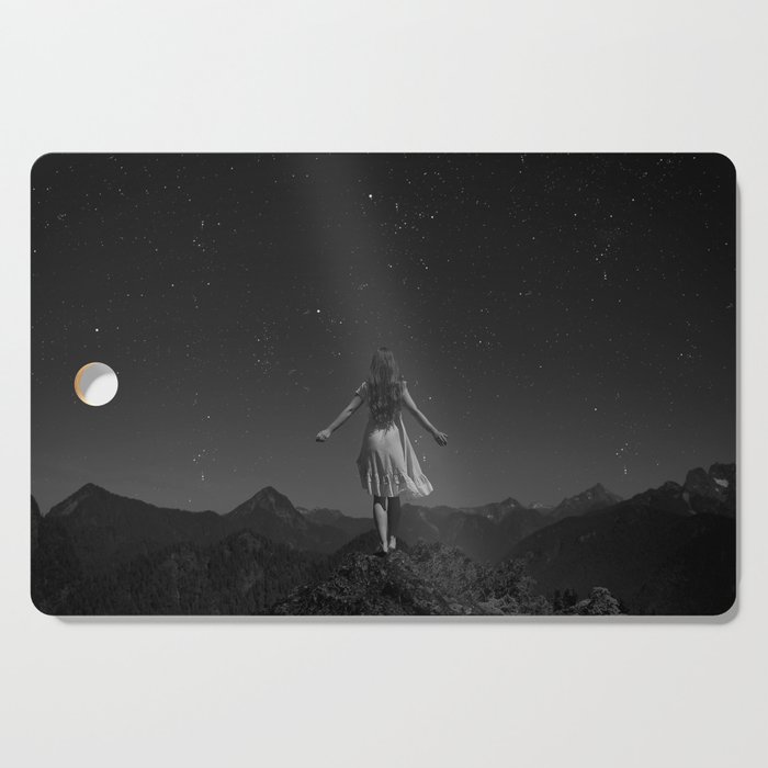 All the world is yours; female on mountaintop overlooking infinity and the world black and white photograph - photography - photographs Cutting Board