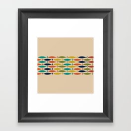 Midcentury Modern Multicolor Fish Stripe Pattern in Olive, Mustard, Orange, Teal, Beige Framed Art Print