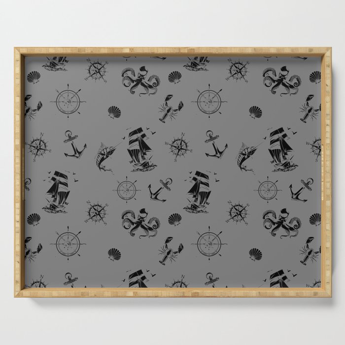 Grey And Black Silhouettes Of Vintage Nautical Pattern Serving Tray