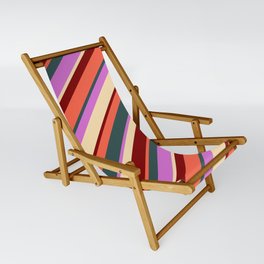 [ Thumbnail: Eye-catching Dark Slate Gray, Orchid, Beige, Maroon, and Red Colored Stripes Pattern Sling Chair ]