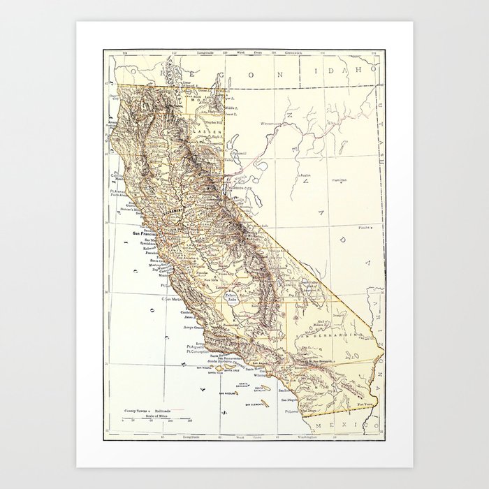 Vintage Map of California (1878)  Art Print