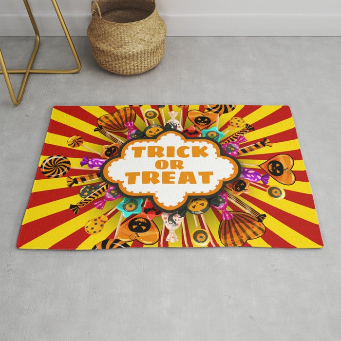 Halloween Trick or Treat Candy and sweets. Autumn october holiday tradition celebration poster. Vintage illustration isolated Rug