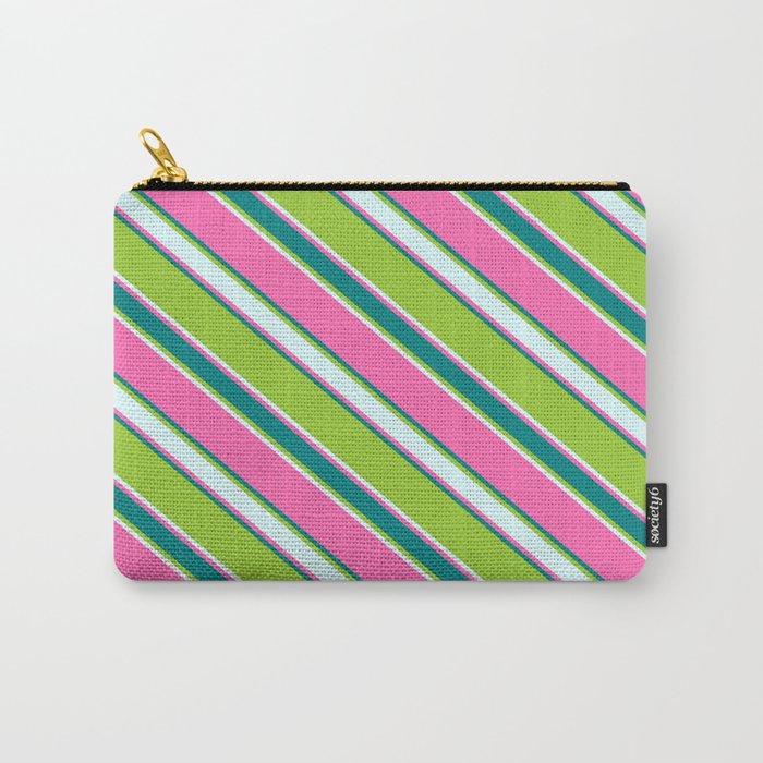 Hot Pink, Teal, Green, and Light Cyan Colored Stripes/Lines Pattern Carry-All Pouch