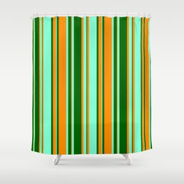 [ Thumbnail: Dark Orange, Dark Green, and Aquamarine Colored Stripes Pattern Shower Curtain ]