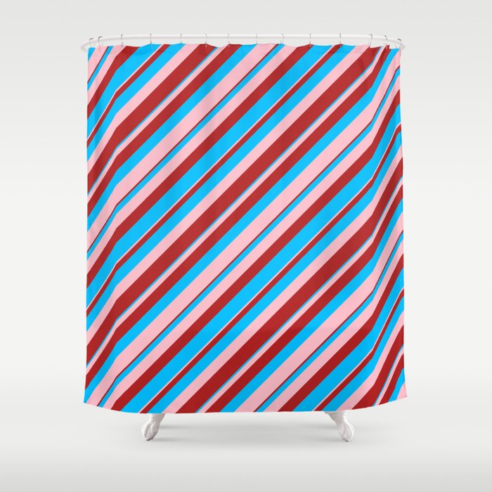 Deep Sky Blue, Pink, and Red Colored Lined/Striped Pattern Shower Curtain
