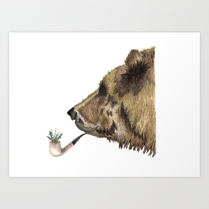 Christmas Holly Pipe Smoking Bear Art Print by CarliAlbs | Society6