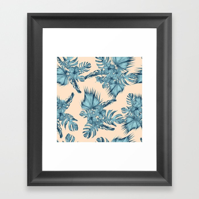 Island Retreat Hibiscus Palm Pastel Coral Teal Blue Framed Art Print