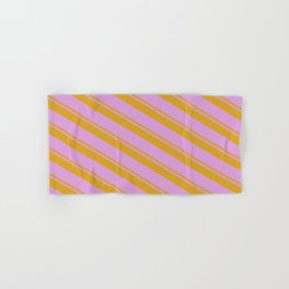 [ Thumbnail: Goldenrod & Plum Colored Stripes Pattern Hand & Bath Towel ]