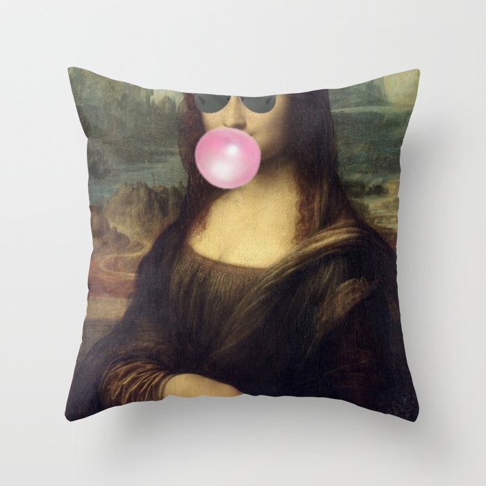 Bubble Gum "Cool Girl" Mona Lisa pop art portrait painting by Leonardo da Vinci Throw Pillow