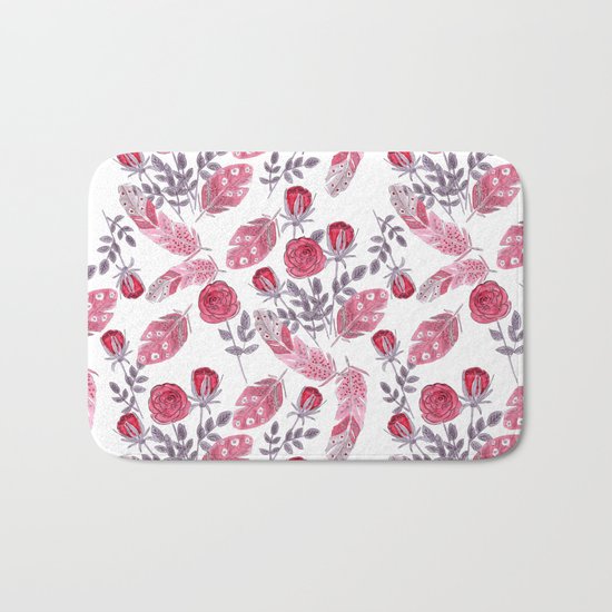 Watercolor . Floral pattern with bird feather .1 Bath Mat