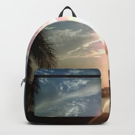 Happy Place Backpack | Landscape, Tranquil, Digital, Peaceful, Sunlight, Palmtrees, Color, Nature, Ocean, Waves 