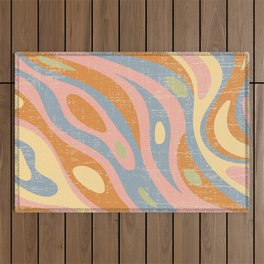 Groovy Retro Abstract Wavy Lines in Distressed Vintage Colorful Pastels Outdoor Rug