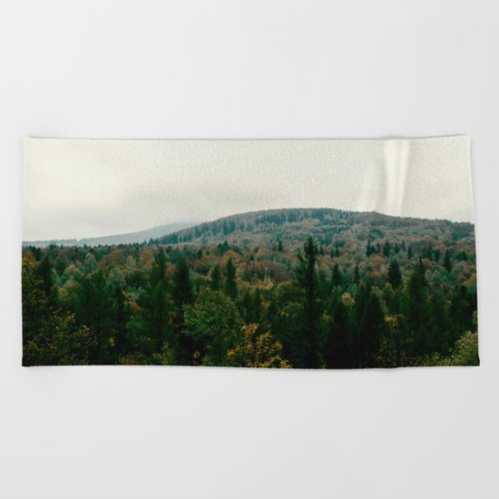 Early autumn, colorful forest and mountains Beach Towel