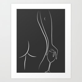 Booty & Wine o'clock drawing - Curvy Line Art - Dark grey, black & white, naked. Art Print