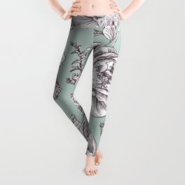 Vintage White Roses And Birds On A Blue Background Leggings