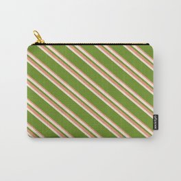[ Thumbnail: Beige, Green & Dark Salmon Colored Striped/Lined Pattern Carry-All Pouch ]