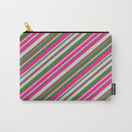 [ Thumbnail: Deep Pink, Light Grey, and Forest Green Colored Lines Pattern Carry-All Pouch ]