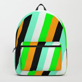 [ Thumbnail: Vibrant Lime, Orange, Black, Aquamarine & Mint Cream Colored Pattern of Stripes Backpack ]