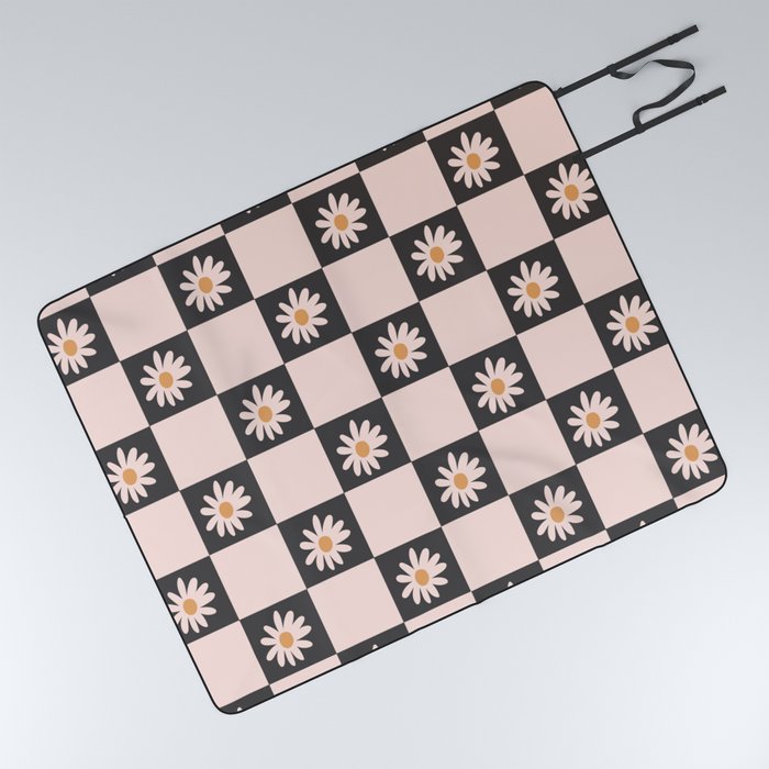 Vintage Blush & Black Floral Checkered Pattern Picnic Blanket