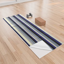 [ Thumbnail: Colorful Slate Gray, Dark Gray, Light Yellow, Midnight Blue, and Black Colored Lined/Striped Pattern Yoga Towel ]