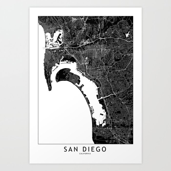 San Diego Black And White Map Art Print