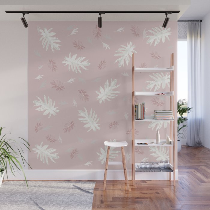 Palms Pattern Pale Pink White Pink Light Grey Autumn Fall Tropical Society6 Wall Mural By Designeddreams
