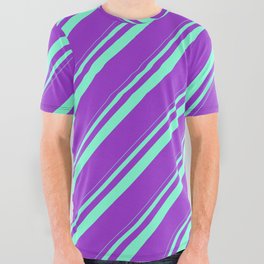 [ Thumbnail: Aquamarine & Dark Orchid Colored Striped/Lined Pattern All Over Graphic Tee ]