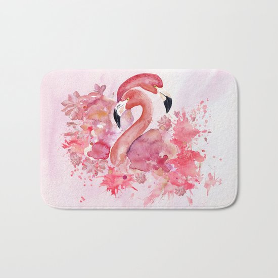 Tropical birds- Flamingo in LOVE with exotic flowers on #Society6 Bath Mat