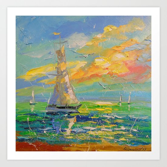 Boat at sunrise Art Print