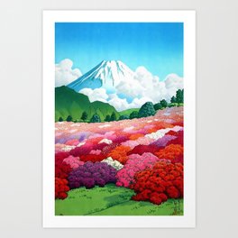 View of an Azalea Garden and Mt Fuji, Tokyo, Japan Japanese pring landscape painting by Kawase Hasui Art Print