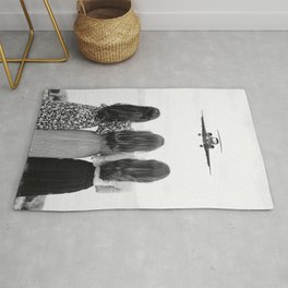 Sisters stand united II; airplane coming in for a landing head on at three women sisterhood girl power black and white photograph - photography - photographs Area & Throw Rug