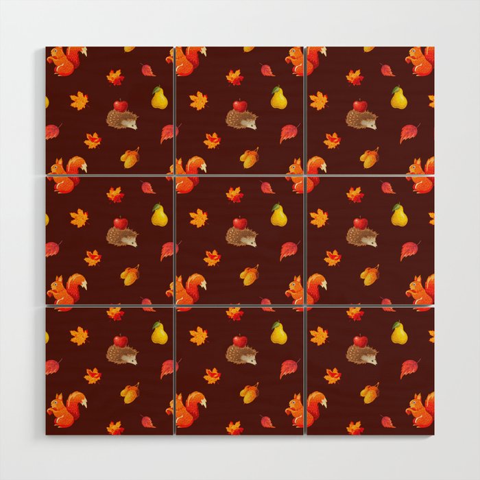 Hedgehog,squirrel,autumn pattern  Wood Wall Art